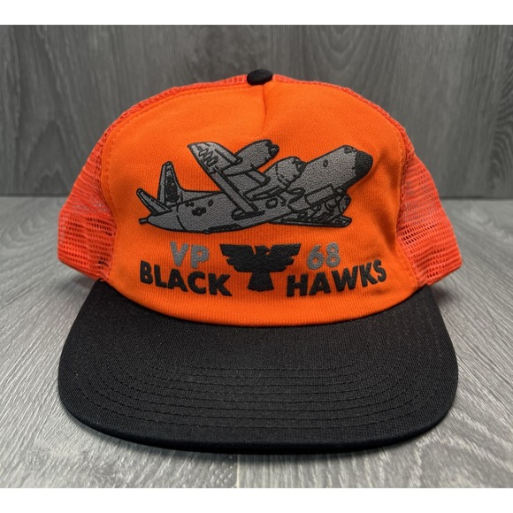 Vintage VP 68 Black Hawks Hat Cap Snap Back Orange Black Mesh Trucker Mens 80s - Picture 1 of 7